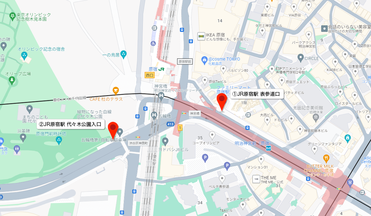 原宿駅エリアの街頭配布ポイント全体マップ