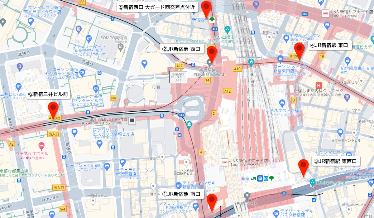 新宿駅エリアの街頭配布ポイント全体マップ