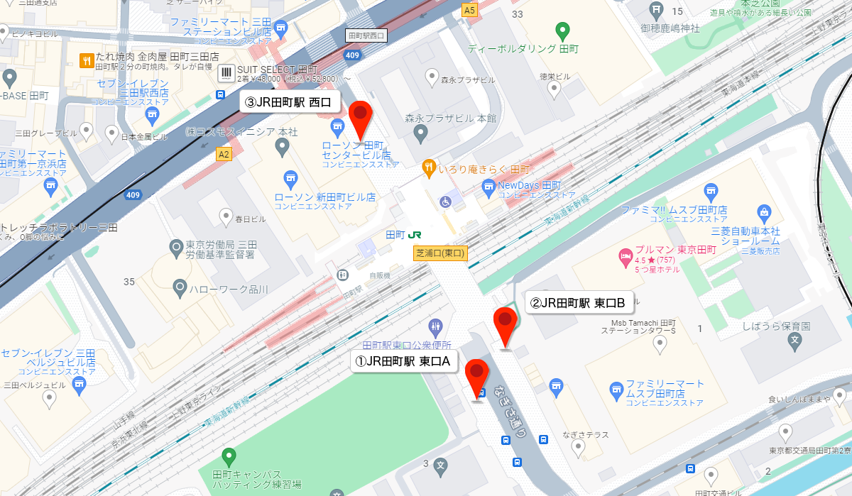 田町駅エリアの街頭配布ポイント全体マップ