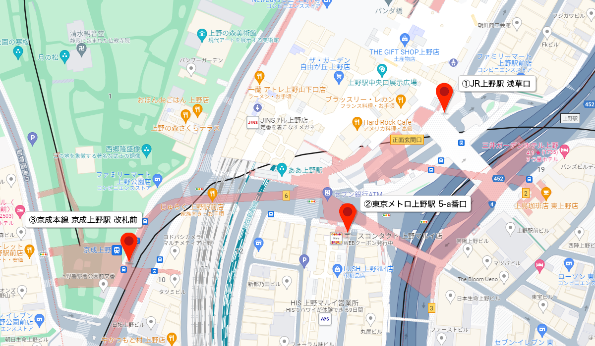 上野駅エリアの街頭配布ポイント全体マップ